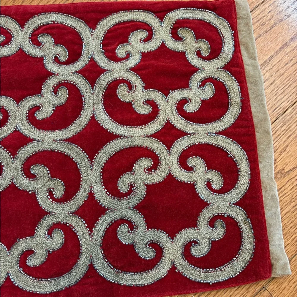 Pier 1 Imports Orangey Red Velvet Table Runner Silver Scroll Embroidery 14x36